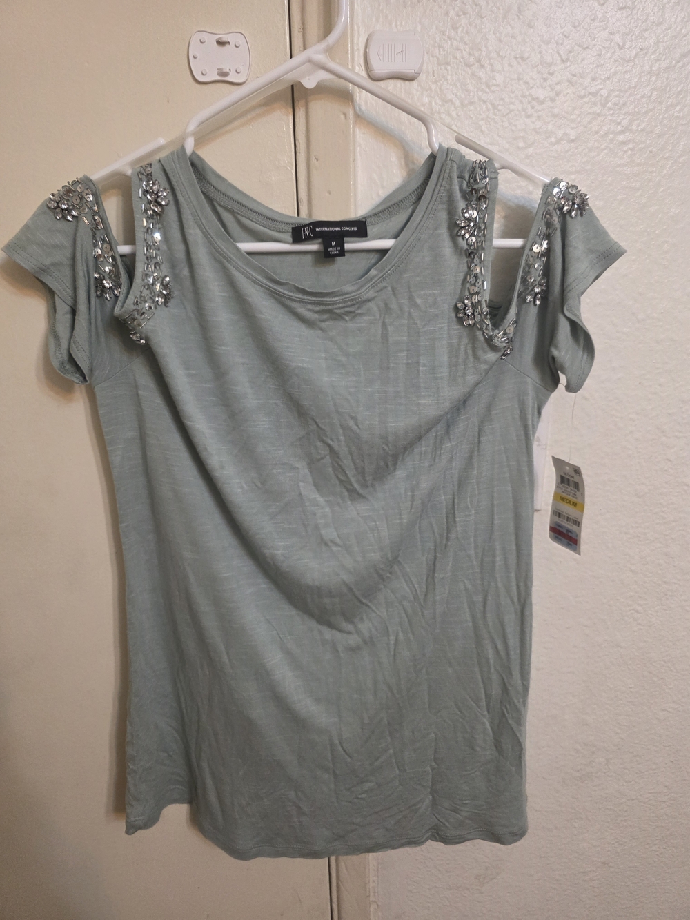 INC International Concepts Mint Green Cold-Shoulder Top with Embellished Detail
